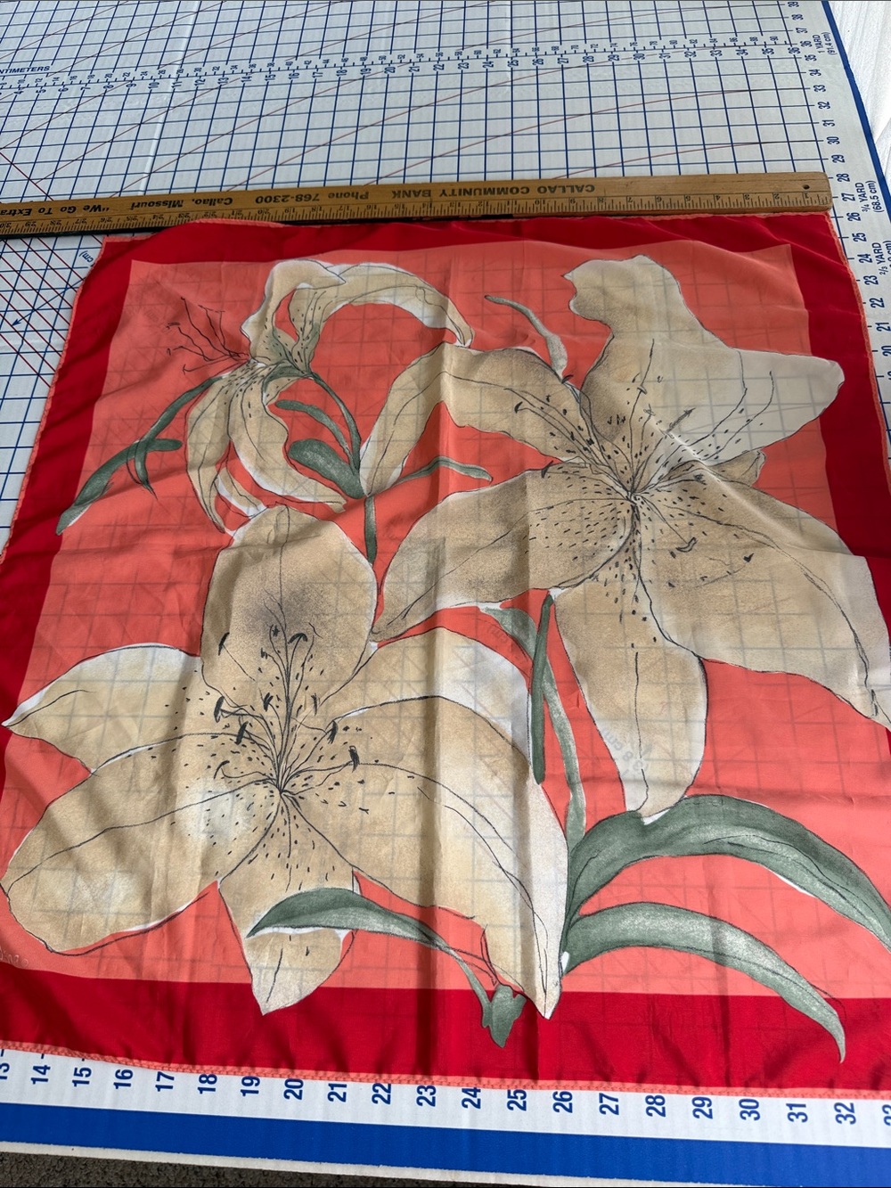 Vintage Vera Neumann Scarf 26” Oversized Lily Floral Red Coral Square 1970s